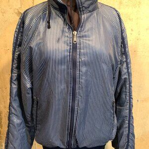 Vintage Navy Blue Striped / Navy Blue Reversible Quilted Puffer Jacket - Large